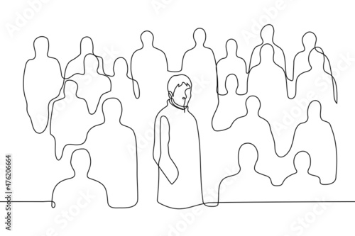 in middle of crowd of people,  man stands in center and looks at viewer - one line drawing vector. concept of being stranger, hermit, outsider, oppositionist, hero, freethinker, genius, not like all photo