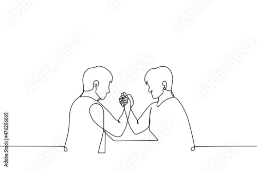 two men are sitting and engaged in arm wrestling - one line drawing vector. competition concept, strength comparison, training