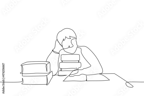 sad male student sitting in pile of books - one line drawing vector. concept man tired of studying, scientist looking for information in analog sources to no avail, man in the library