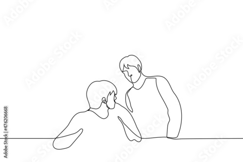 seated man turned around and looked at the other behind his back - one line drawing vector. concept of distracting someone, sneaking up, being caught red-handed
