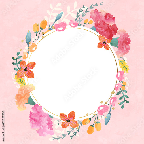 様々な種類の花で囲われた円形のベクターイラストフレーム