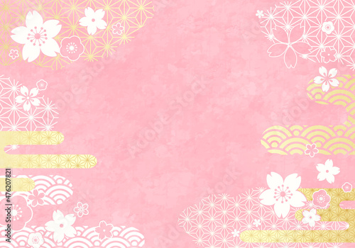 桜と和柄の雲の抽象的なベクターイラスト背景(アブストラクト,シンプル,カード)