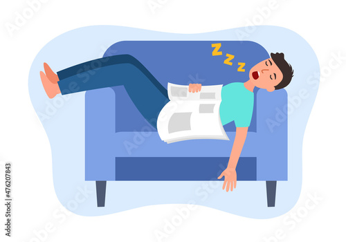 Young man fell asleep on sofa while reading in flat design.
