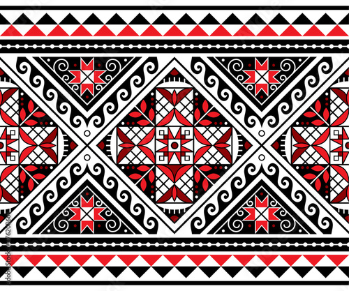 Hutsul Pisanky - traditional Ukrainian Easter eggs vector seamless long horizontal pattern, decorative background with stars and geometric shapes
