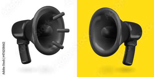 Black megaphone 3d realistic icon isolated on white background. Vector speaker illustration
