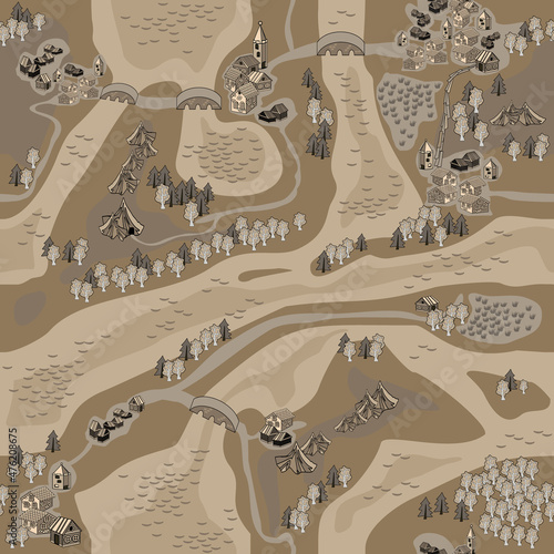 A sample of a seamless pattern that simulates an old sepia map with cities, villages, rivers,