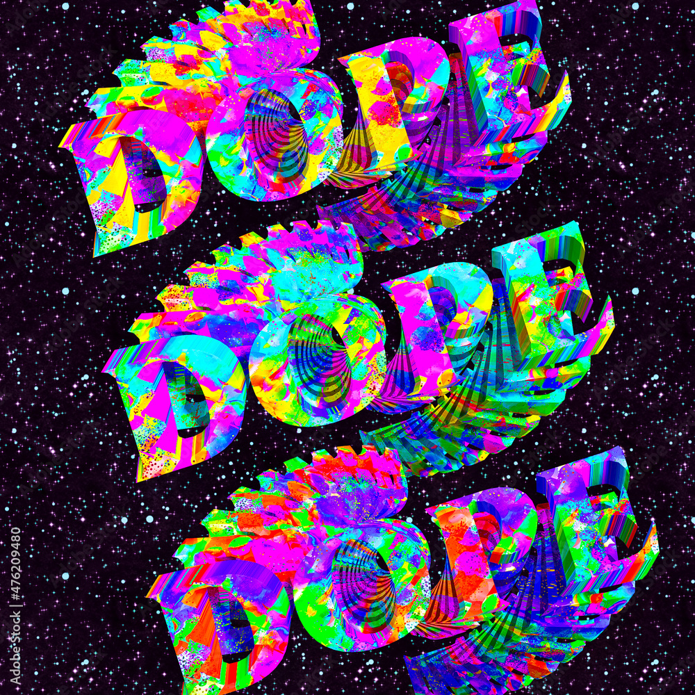 Contemporary digital collage art. Back in 90s style. Pop zine culture in trendy cosmic space. Fashion, party, clubbing, retro, disco concept.  Text  Dope