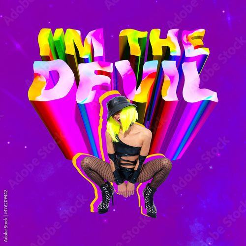 Contemporary digital collage art. Urban girls back in 90s style. Text Im the Devil. Fashion, party, gaming, clubbing concept photo