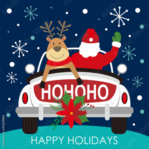 santa claus with reindeer on the car