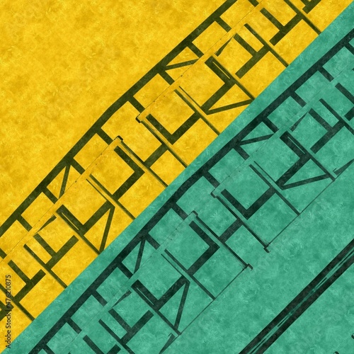 textured yellow and dull green background with vertical steel ladder with strong shadows