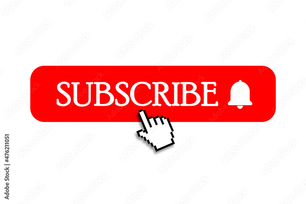 Subscribe red button with bell and hand clicking cursor Subscribe red button with bell and hand clicking cursor