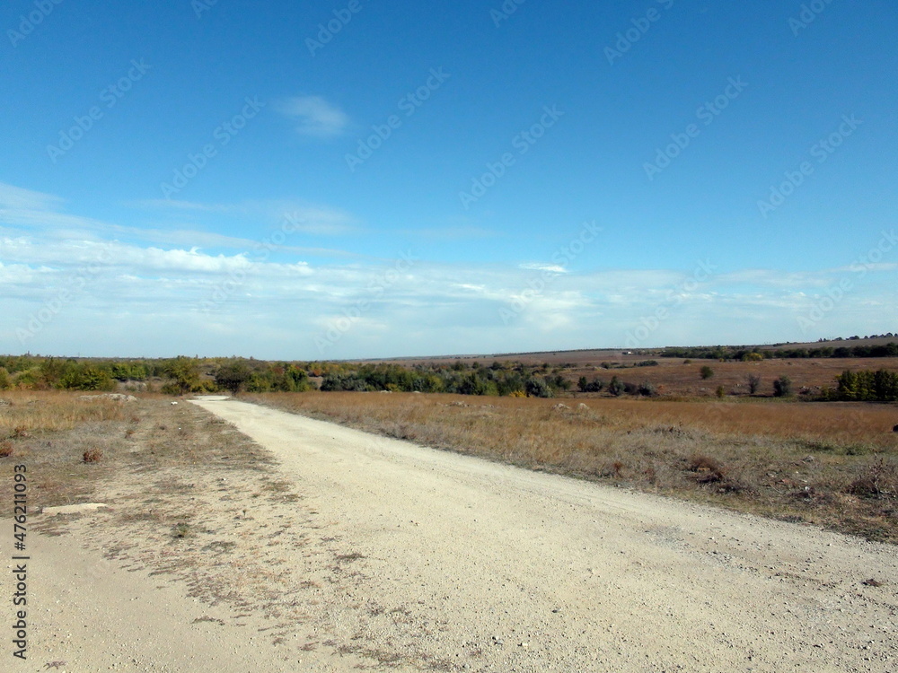Landscape of the road that arrows along the Ukrainian steppes against the clear blue sky on the horizon.