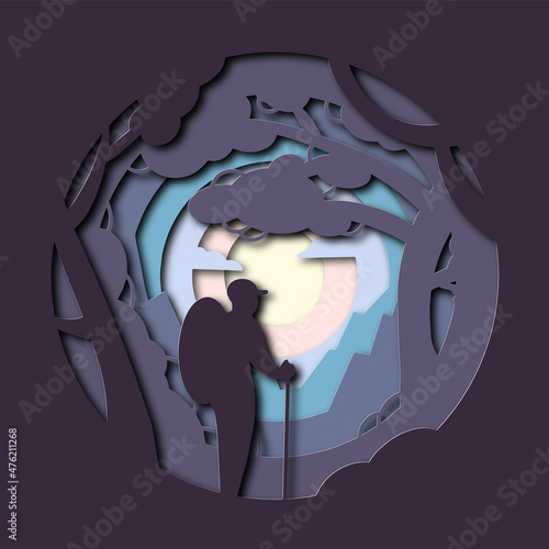 Paper art, layered illustration. Hiker, forest, mountains