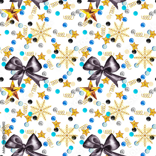 Christmas confetti seamless pattern in golden, blue black colours. Jewelry star, snowflakes and black ribbon. Winter luxury holiday decor. Watercolor hand painted isolated element on white background.