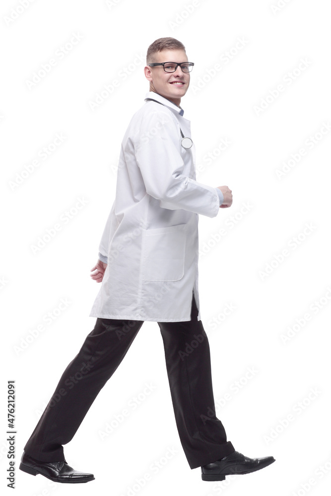 confident doctor with a stethoscope striding forward. confident doctor with a stethoscope striding forward.