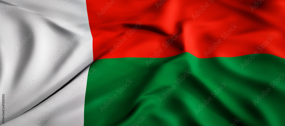 Waving flag concept. National flag of the Republic of Madagascar. Waving background. 3D rendering.