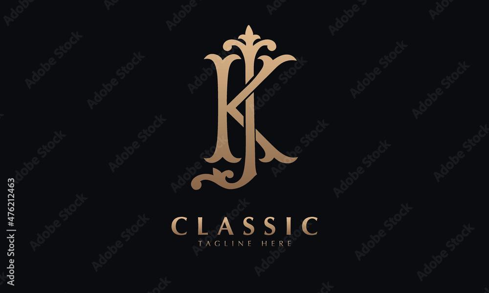 Alphabet JK or KJ illustration monogram vector logo template in classic luxury style and black background