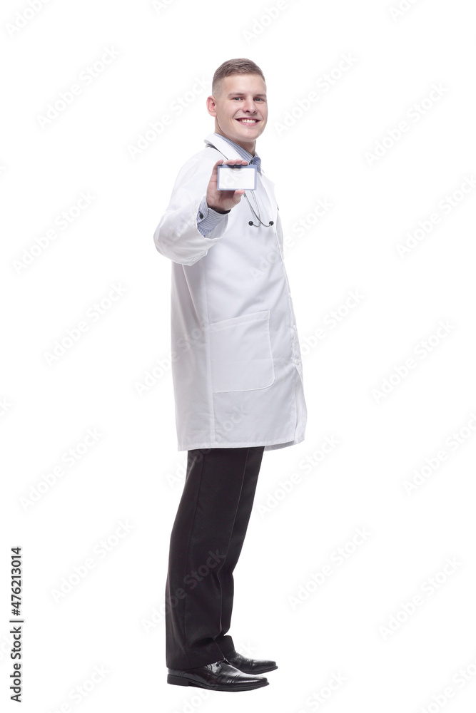 smiling doctor showing his visiting card. isolated on a white smiling doctor showing his visiting card. isolated on a white