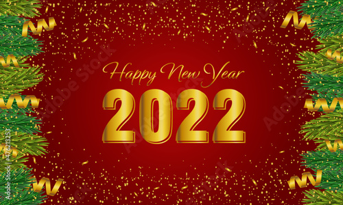 HAPPY NEW YEAR 2022 ON RED BACKGROUND WİTH SPRUCE BRANCHES