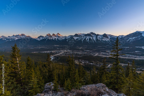 iew of Bow Valley and Mountain Tops above Town of Canmore, Alberta near Banff National Park in Canadian Rockies from Mount Lady MacDonald