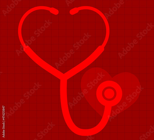 Heart shaped stethoscope icon on a red grid background vector stock illustration.
