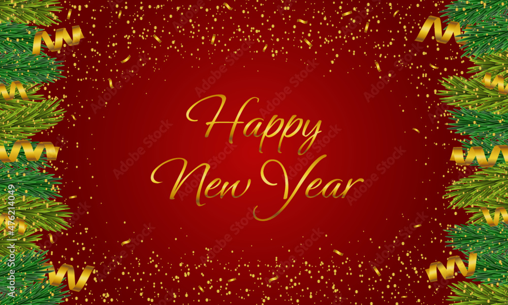 HAPPY NEW YEAR ON RED BACKGROUND WİTH SPRUCE BRANCHES HAPPY NEW YEAR ON RED BACKGROUND WİTH SPRUCE BRANCHES