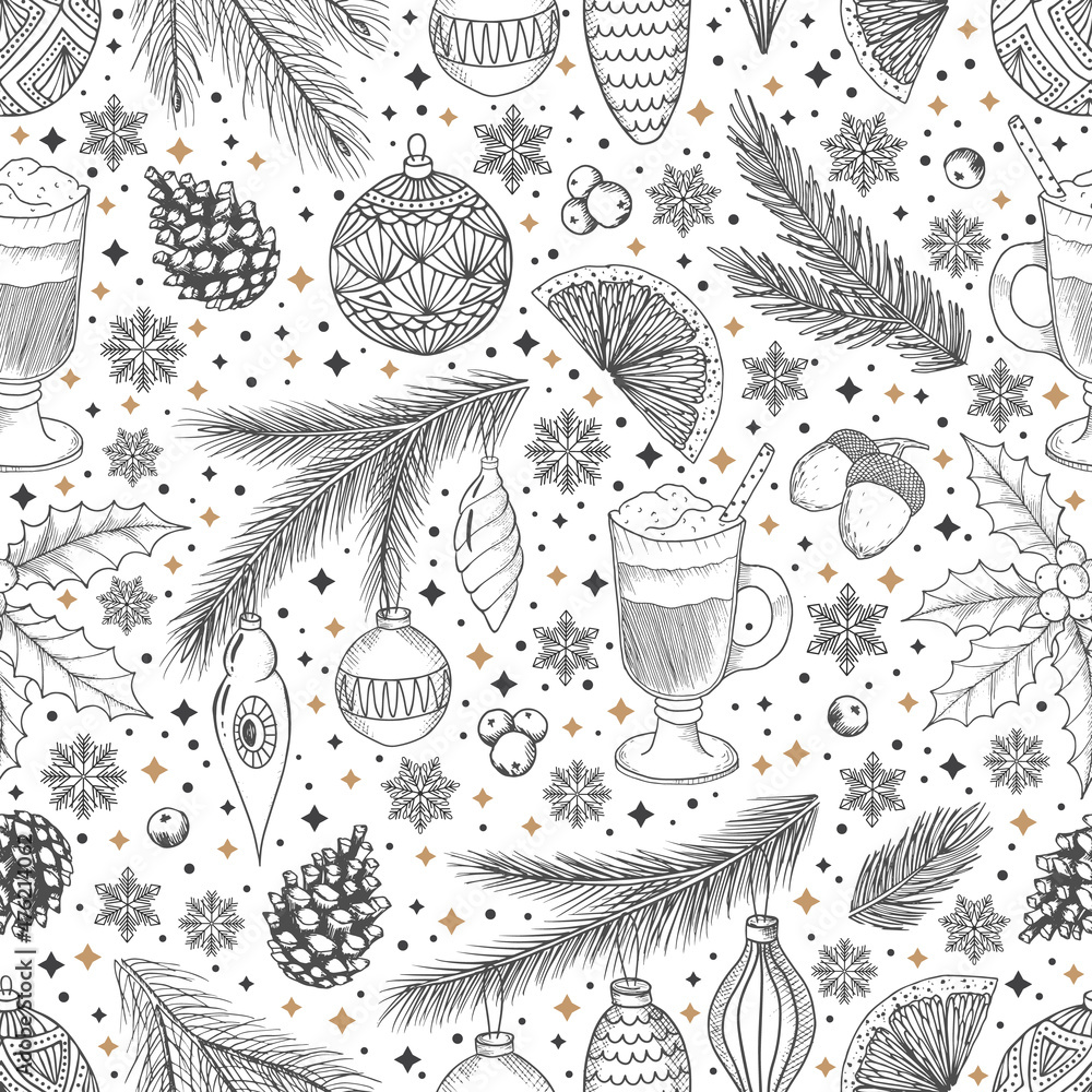 Winter seamless pattern with Christmas tree branches and berries. Vector illustration background