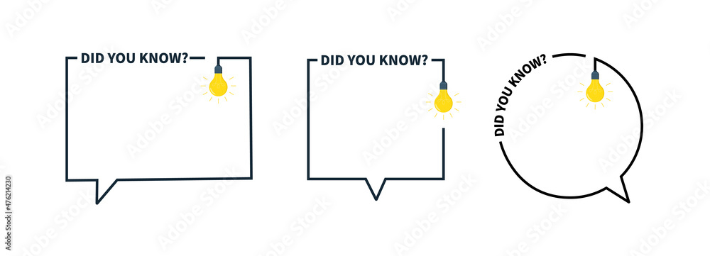 Did you know in frame. Icon of question in box with bulb. Fun template. Tip, advice and idea for quiz. Outline frames with lightbulb for inform, quick ask, education and banner. Vector - obrazy, fototapety, plakaty 