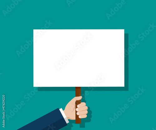 Protest concept. Hand holding blank placard. Man hold sign white board. Cartoon banner for picket in flat style. Vector.