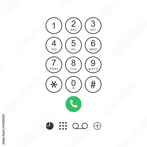 Smartphone keypad. Numbers with dial on phone screen for call. Cellphone with keyboard for mobile connection. Design of smart interface on display. Isolated icon from telephone. Vector