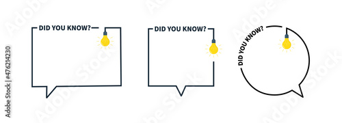 Did you know in frame. Icon of question in box with bulb. Fun template. Tip, advice and idea for quiz. Outline frames with lightbulb for inform, quick ask, education and banner. Vector photo