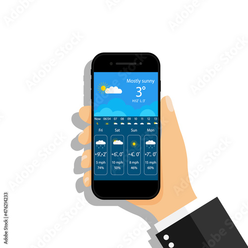 Weather forecast in phone. Weather widget with interface in smartphone screen. App in mobile phone with climate, temperature, rain, snow, cloud, sun. Hand holding cellphone with forecast. Vector