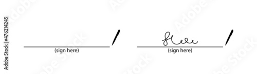 Signature icon. Signature with pen. Write of sign on paper. Write of lease, agreement, report. Handwritten autograph for document. Isolated icon. Vector.