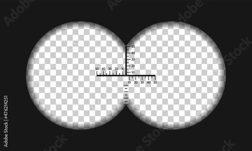 Binocular view with sight. Binocular with scope, lens and viewfinder for gun on battlefield. Periscope on transparent background. Telescope for hunting vision. Vector