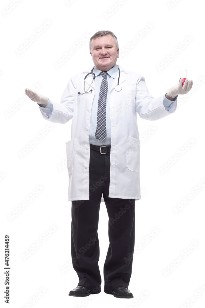 friendly doctor with a laboratory flask. isolated on a white background. friendly doctor with a laboratory flask. isolated on a white background.