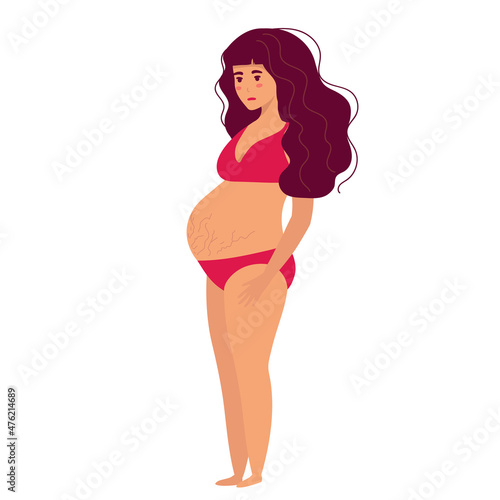Sad depressed pregnant woman in underwear or swimsuit looking at pregnancy belly with stretch marks. Self love, body positive Motherhood. Preparation for childbirth. flat on white