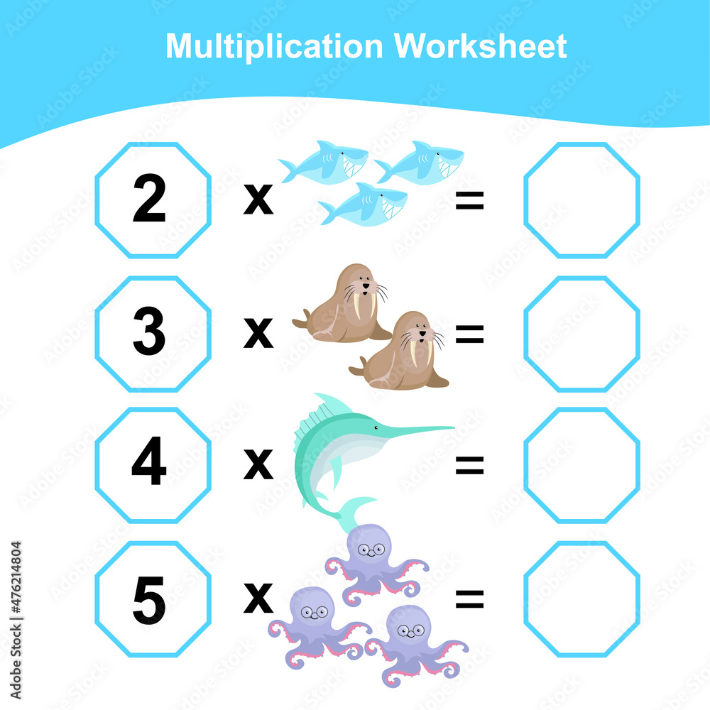 Fototapeta premium Multiplication Worksheet for children. Counting math worksheet. Printable math worksheet. First grade education worksheet. Vector illustration.
