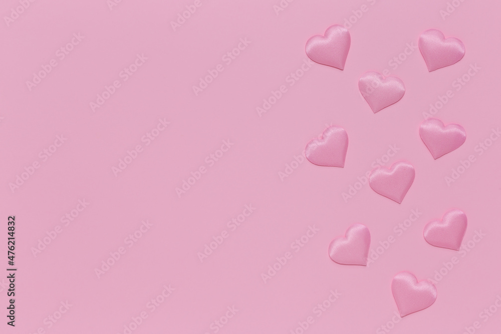 Pattern of pink romantic hearts. Valentine's day texture. Love concept. Top view. Copy space.