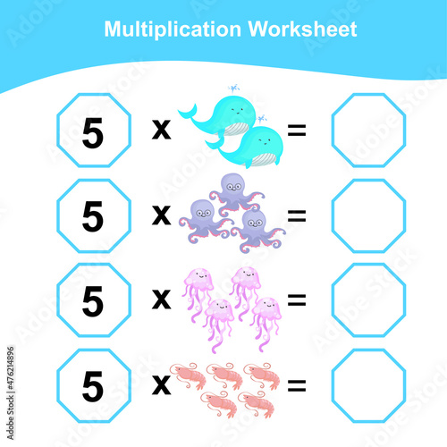 Multiplication Worksheet for children. Counting math worksheet. Printable math worksheet. First grade education worksheet. Vector illustration.
