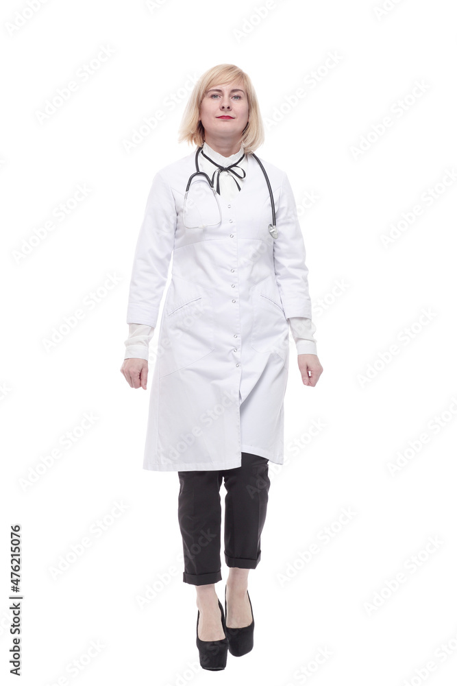 qualified female doctor stepping forward . isolated on a white background. qualified female doctor stepping forward . isolated on a white background.