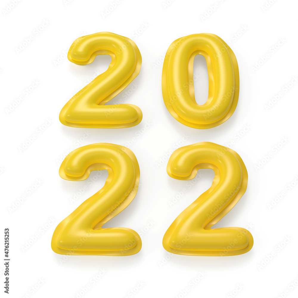 Happy New Year 2022, concept image with yellow inflated balloons on white background Happy New Year 2022, concept image with yellow inflated balloons on white background