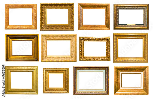 set of various wide golden wooden picture frames