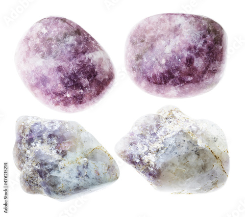 set of lepidolite mica stones cutout on white