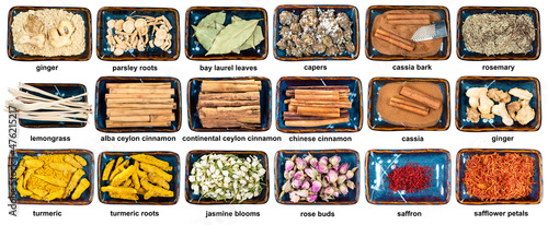 set of various dried flavorings in bowl with names