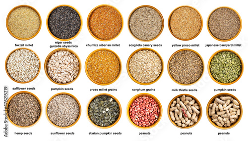 Valokuva various grains, seeds and nuts in bowls with names