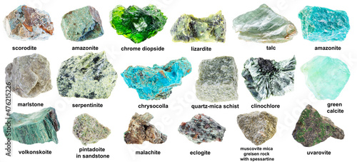 set of various unpolished green minerals with name photo