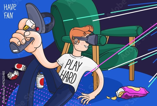 The gamer plays video games. Cartoon illustration. Vector poster