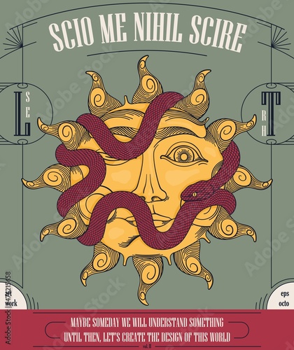 Snake wraps around the sun, closing its mouth and eyes. Mystical retro card. Symbol of deception and danger.