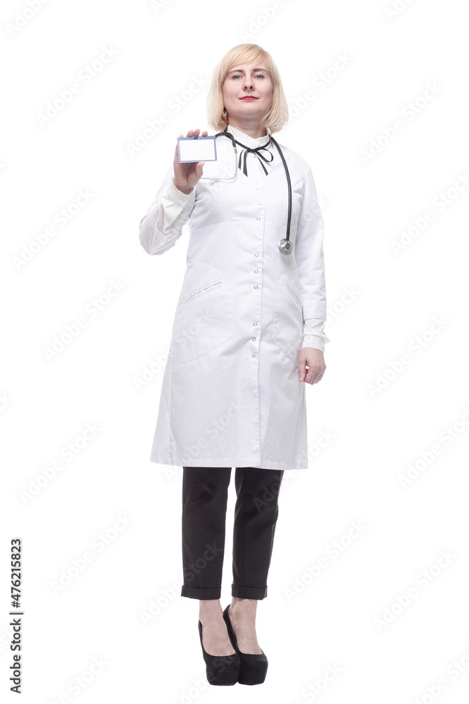qualified female doctor showing her visiting card. qualified female doctor showing her visiting card.