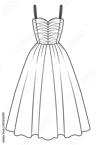 women sweetheart neck prom capsule dress with shoulder strap, midi length full skirt evening gown fashion flat sketch vector illustration.